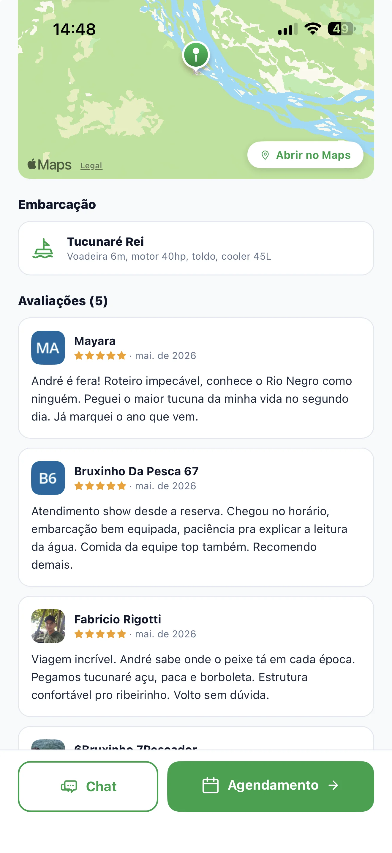Tela de avaliação pós-pescaria com estrelas e comentário no iFishing