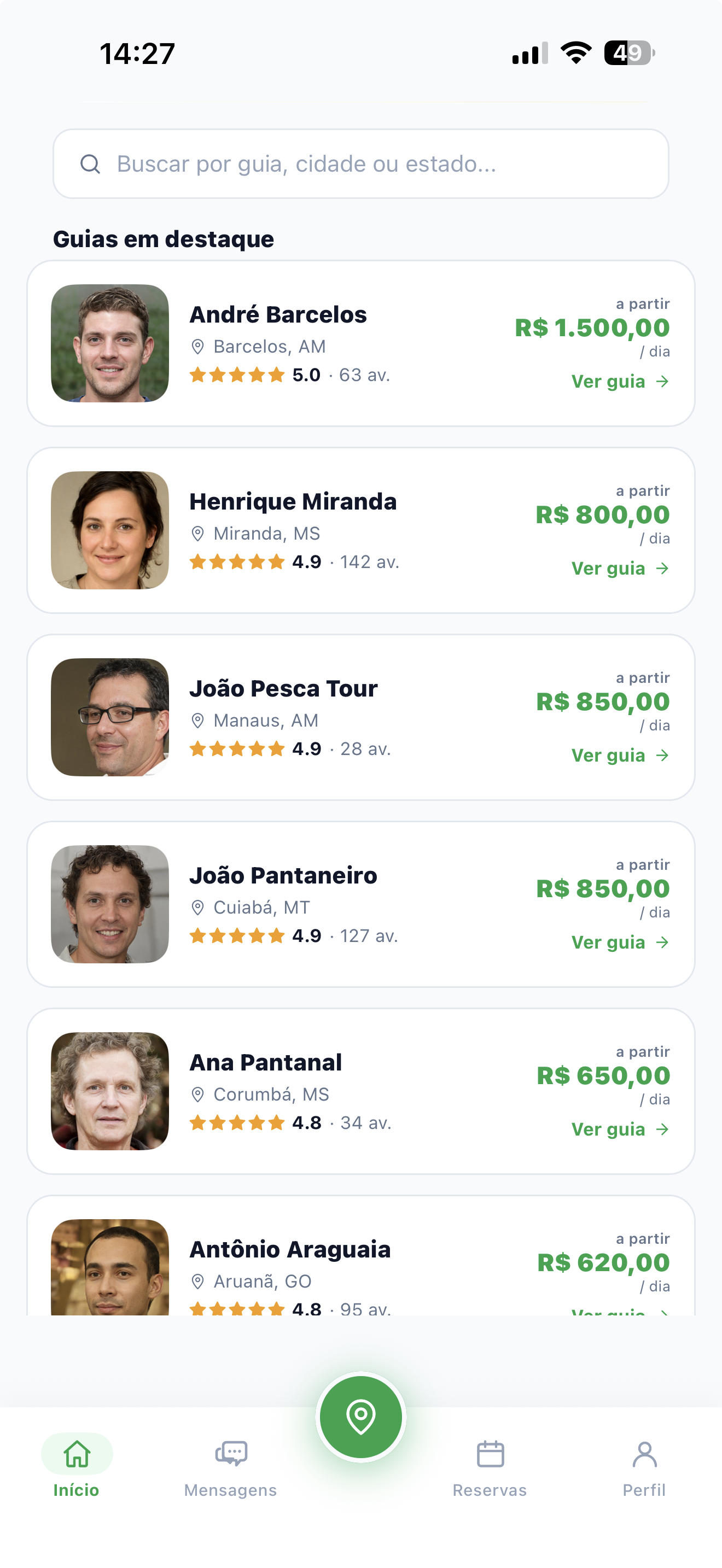 Tela de busca do iFishing com lista de guias em destaque e seus preços a partir