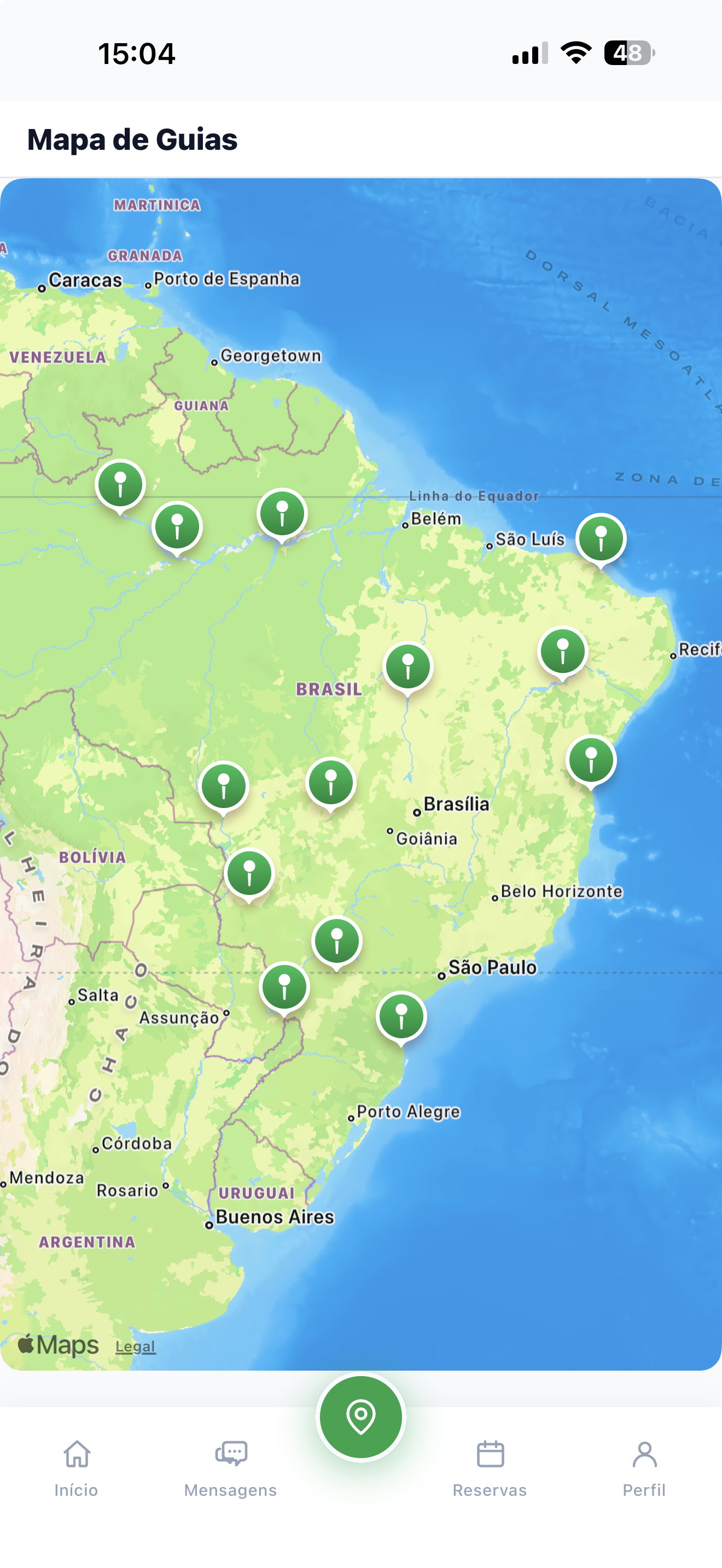 Mapa do Brasil com pins indicando guias do iFishing em diferentes regiões