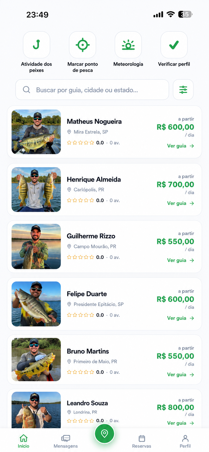 Tela de busca do iFishing com lista de guias de pesca e fotos de pescaria