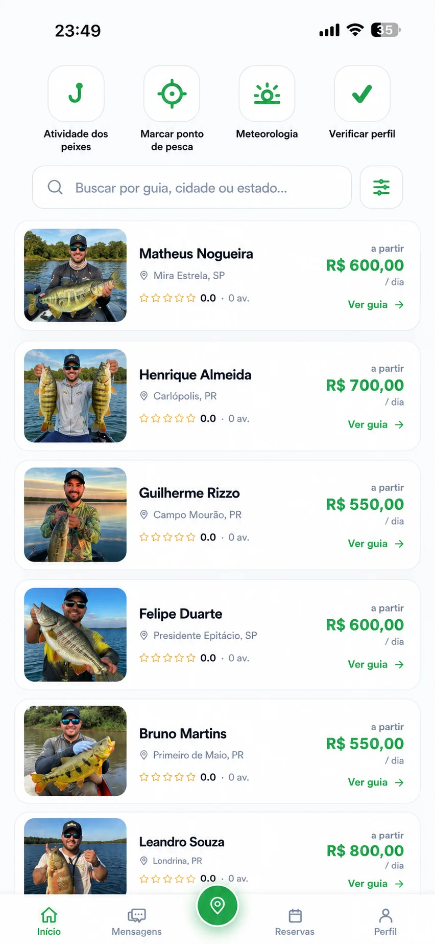 Tela de busca do iFishing com lista de guias e suas fotos de pesca