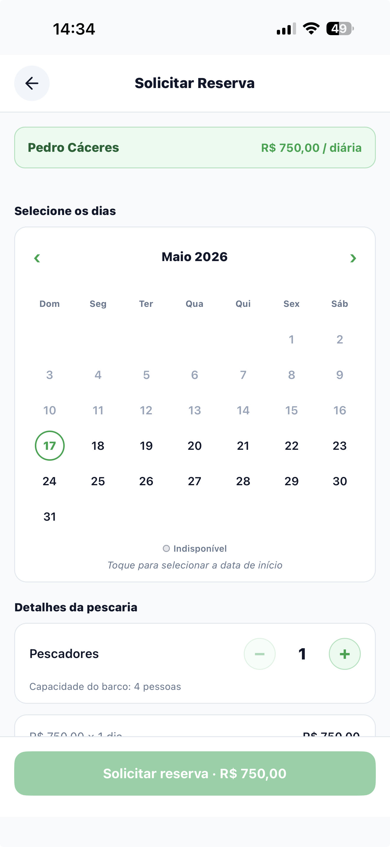 Tela de calendário do guia com datas disponíveis e bloqueadas no iFishing