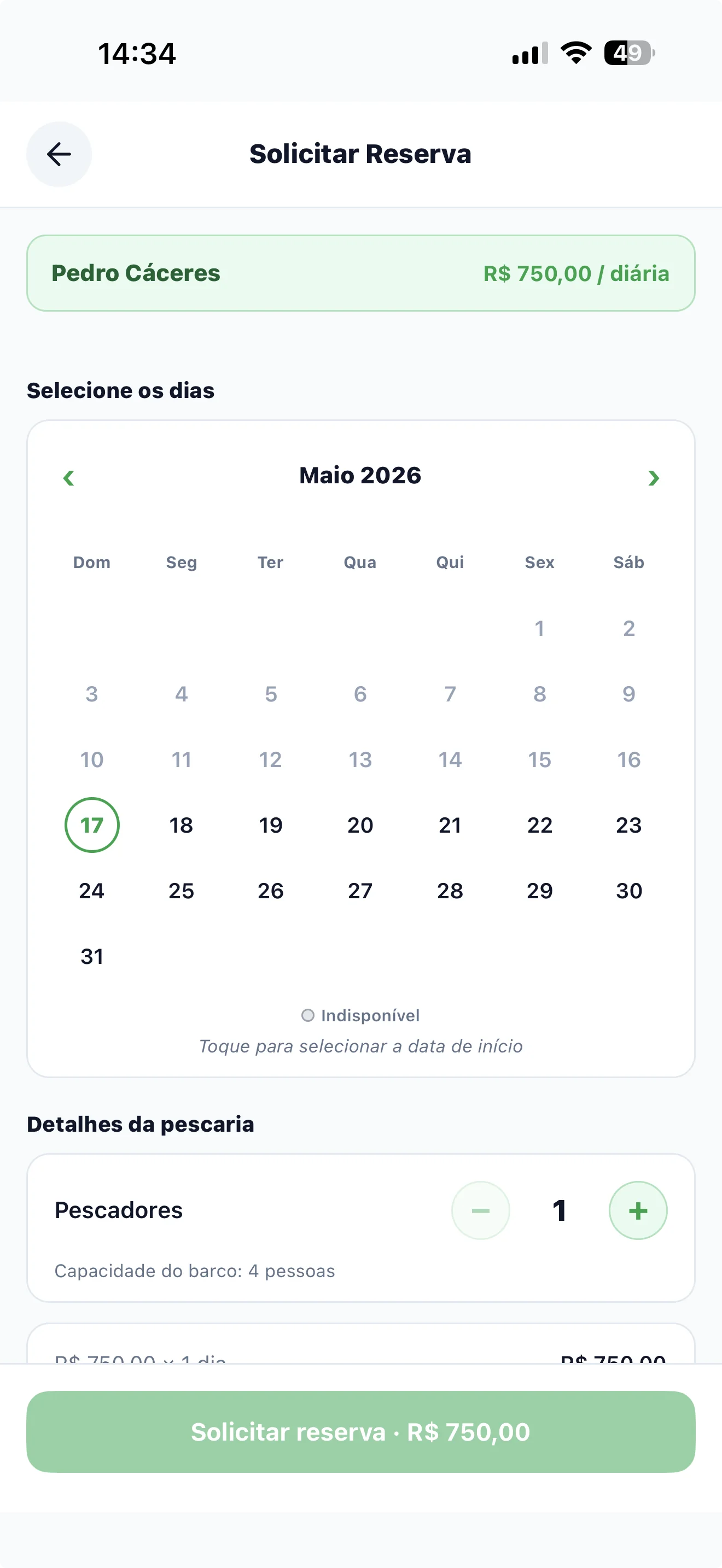 Tela de calendário do guia com datas disponíveis e bloqueadas no iFishing