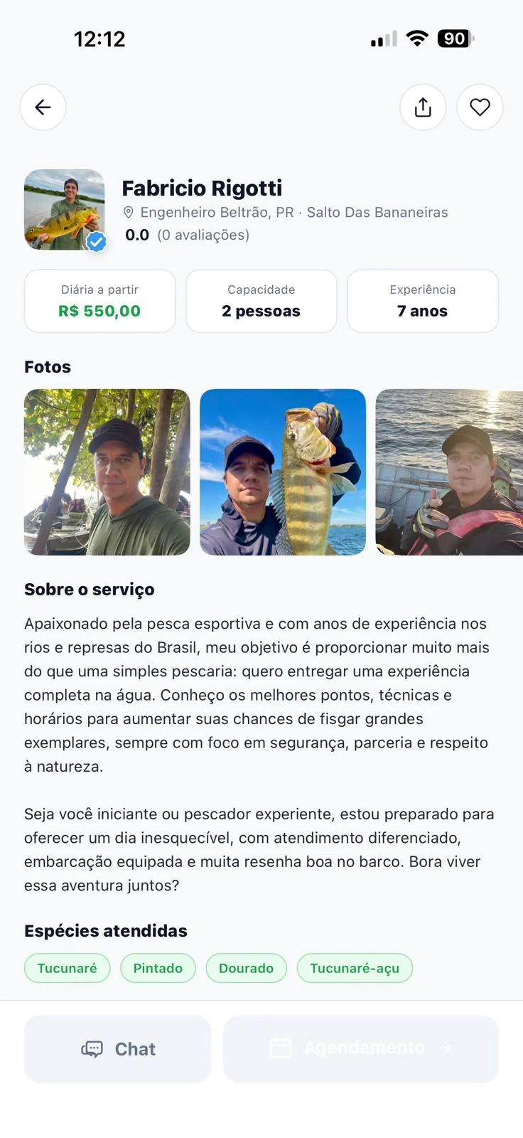 Tela de perfil do guia com Selo Verificado no iFishing