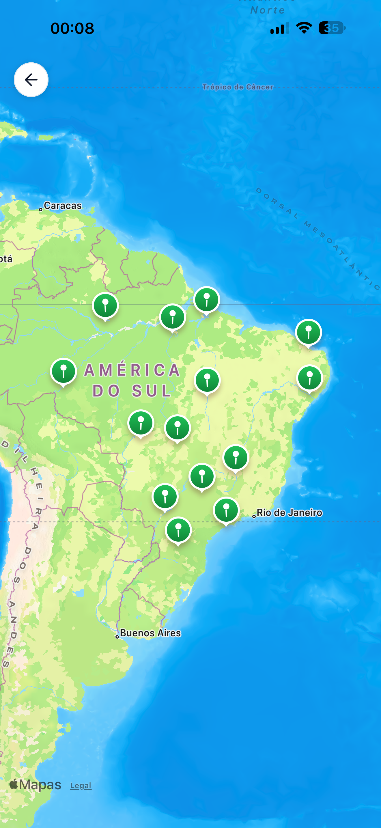 Mapa do Brasil com pins de guias do iFishing em diferentes regiões