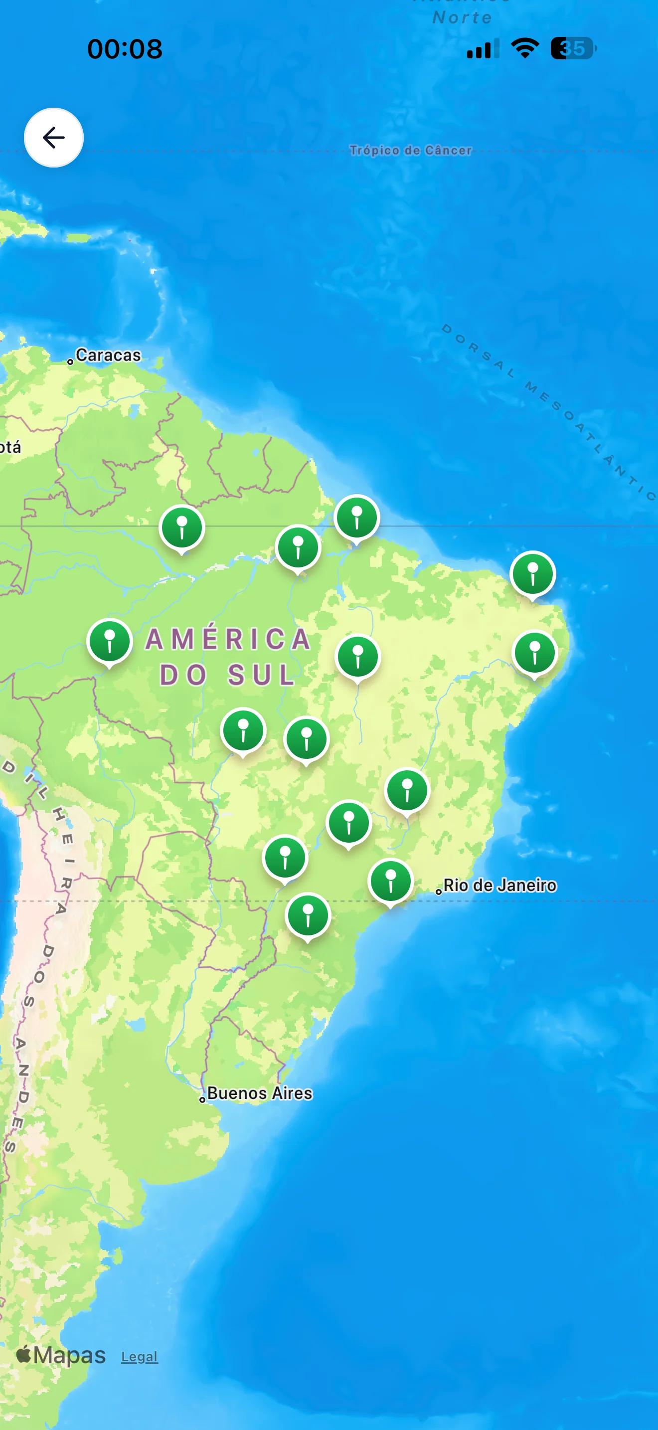 Mapa do Brasil com pins indicando guias do iFishing em diferentes regiões