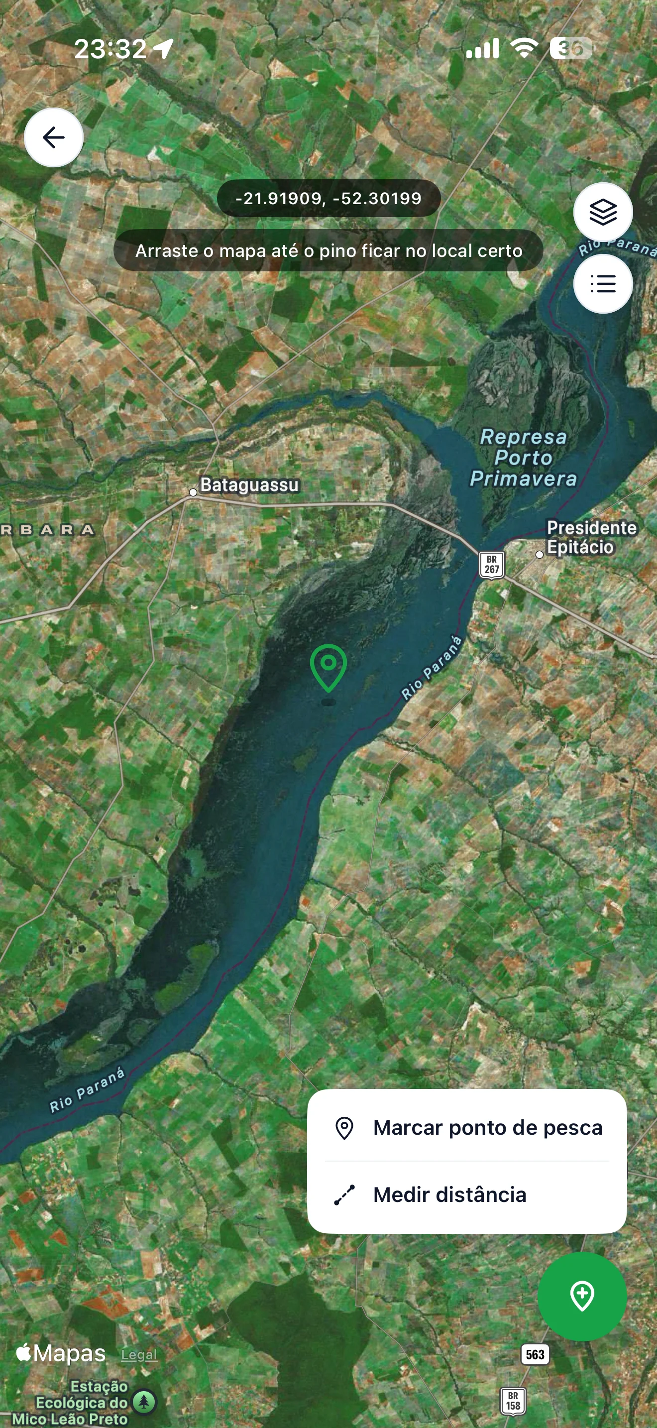 Tela de pontos de pesca com mapa satélite e opção de marcar local no iFishing